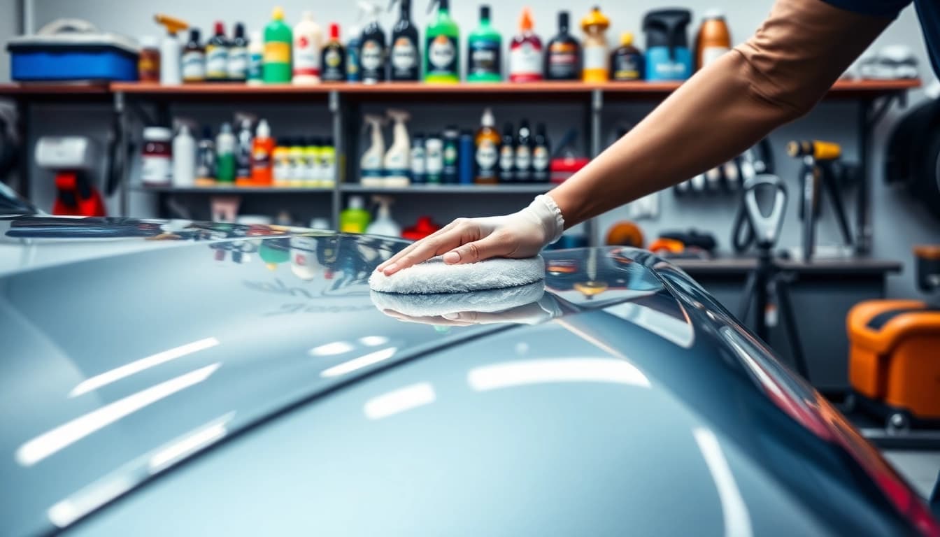 Im Autopflege Shop wird ein Detailer gezeigt, der das Polieren eines Autos fachmännisch durchführt.