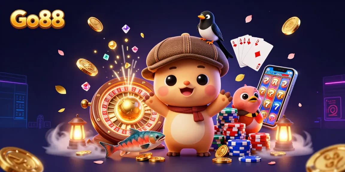 Experience thrills at Go88 with animated characters surrounded by casino excitement and elements.