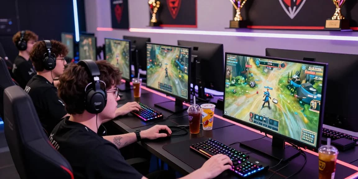 FAFA828 esports competition featuring players in action with vibrant gaming setup and trophies.