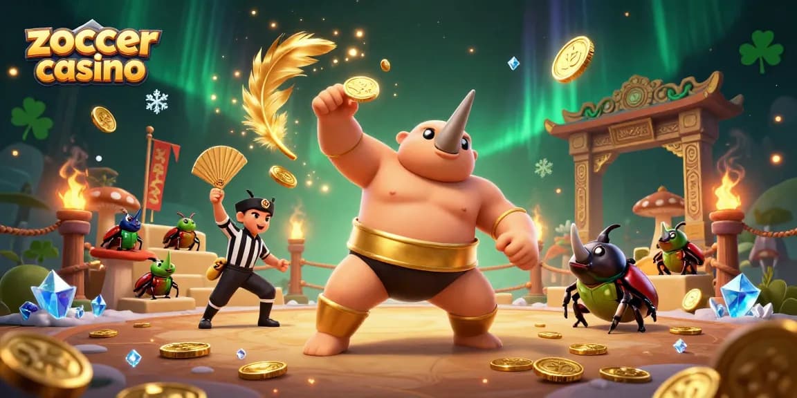 Zoccer casino offers a vibrant scene with a sumo beetle champion amidst flying coins while engaging players.