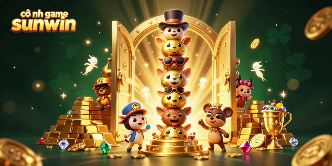 Spin the reels at cổng game sunwin with a vibrant 3D illustration of casino treasures and totem characters.
