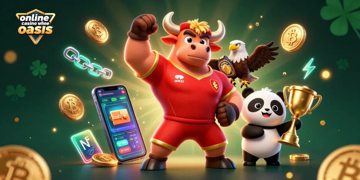 Experience the excitement of online casino ohne oasis with vibrant characters celebrating big wins amidst crypto elements.
