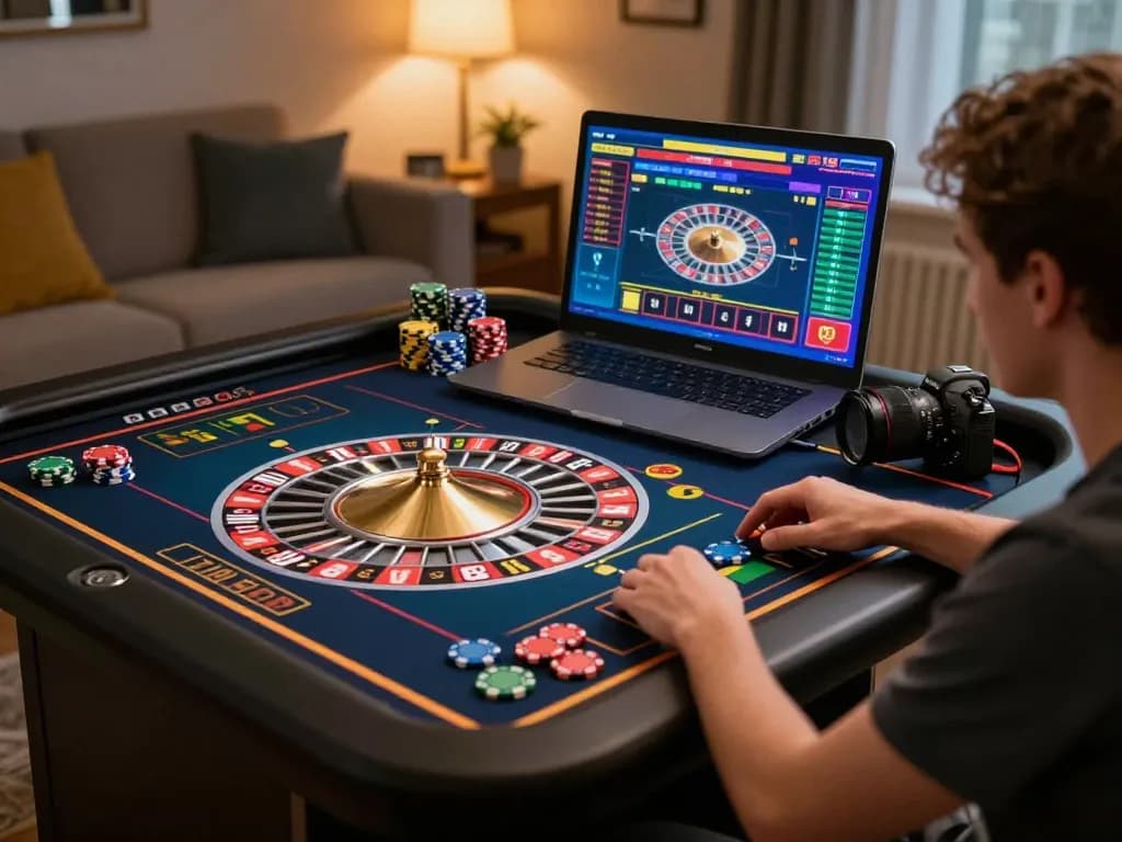 TG88 player enjoying an online roulette game on a cozy setup with chips and laptop