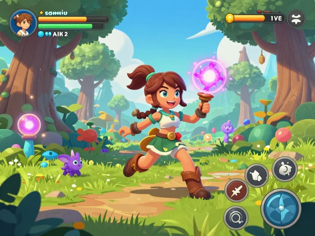 Gameplay from female protagonist porn games featuring an animated female character in a vibrant fantasy RPG setting.