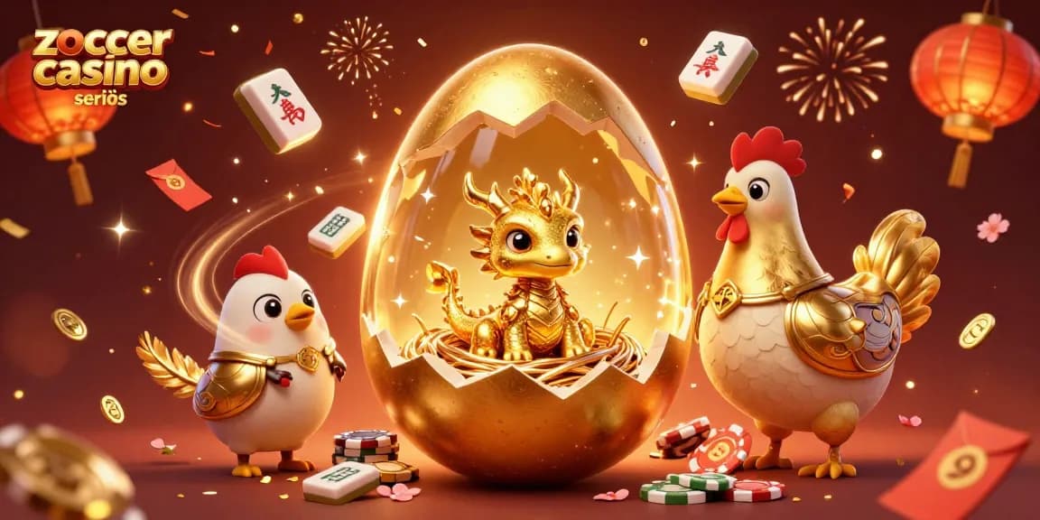 Zoccer Casino seriös: Goldener Drache und Pokerchips in einer feierlichen Szene mit 3D-Elementen