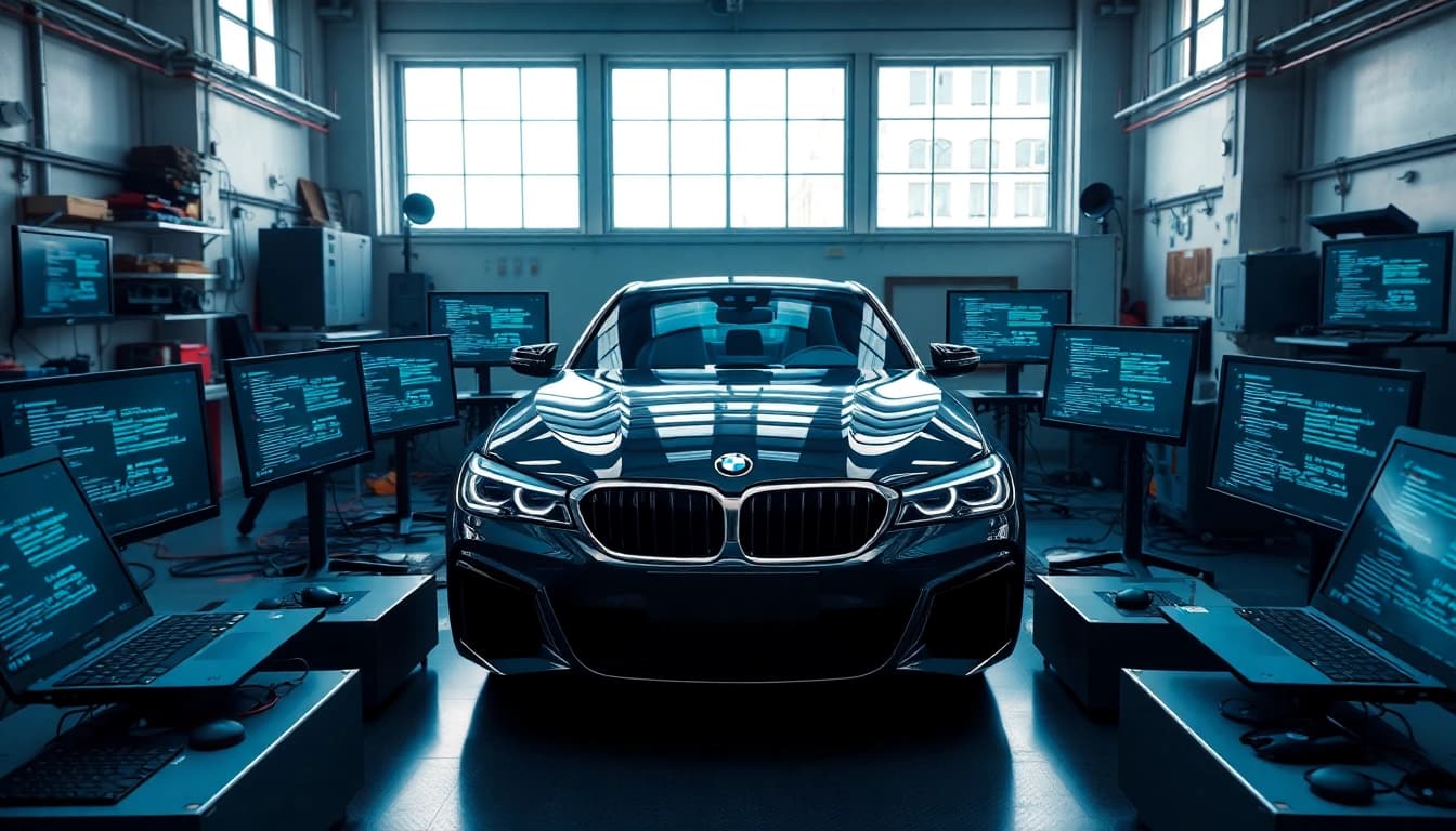 BMW Codierung in einem modernen Workshop mit fortschrittlichem Equipment und einem eleganten Fahrzeug.