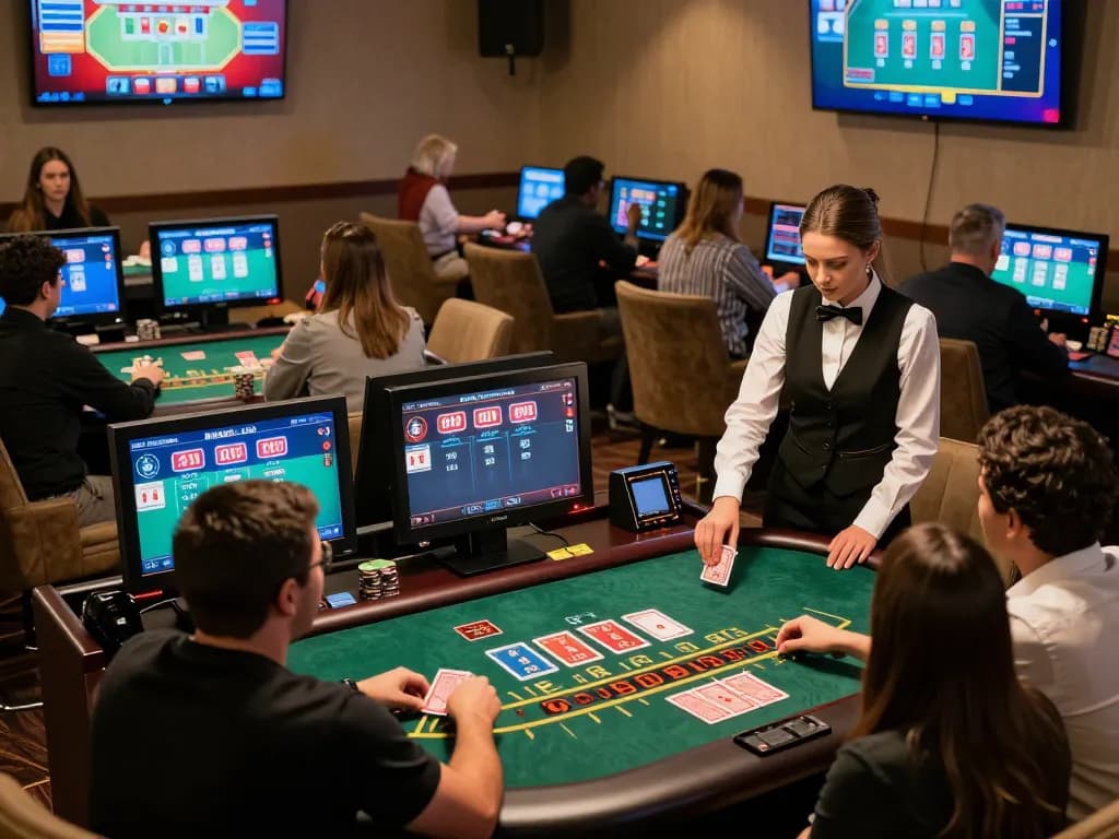 Engage in dynamic online blackjack gameplay at nohu, featuring a virtual dealer and multiple screens.