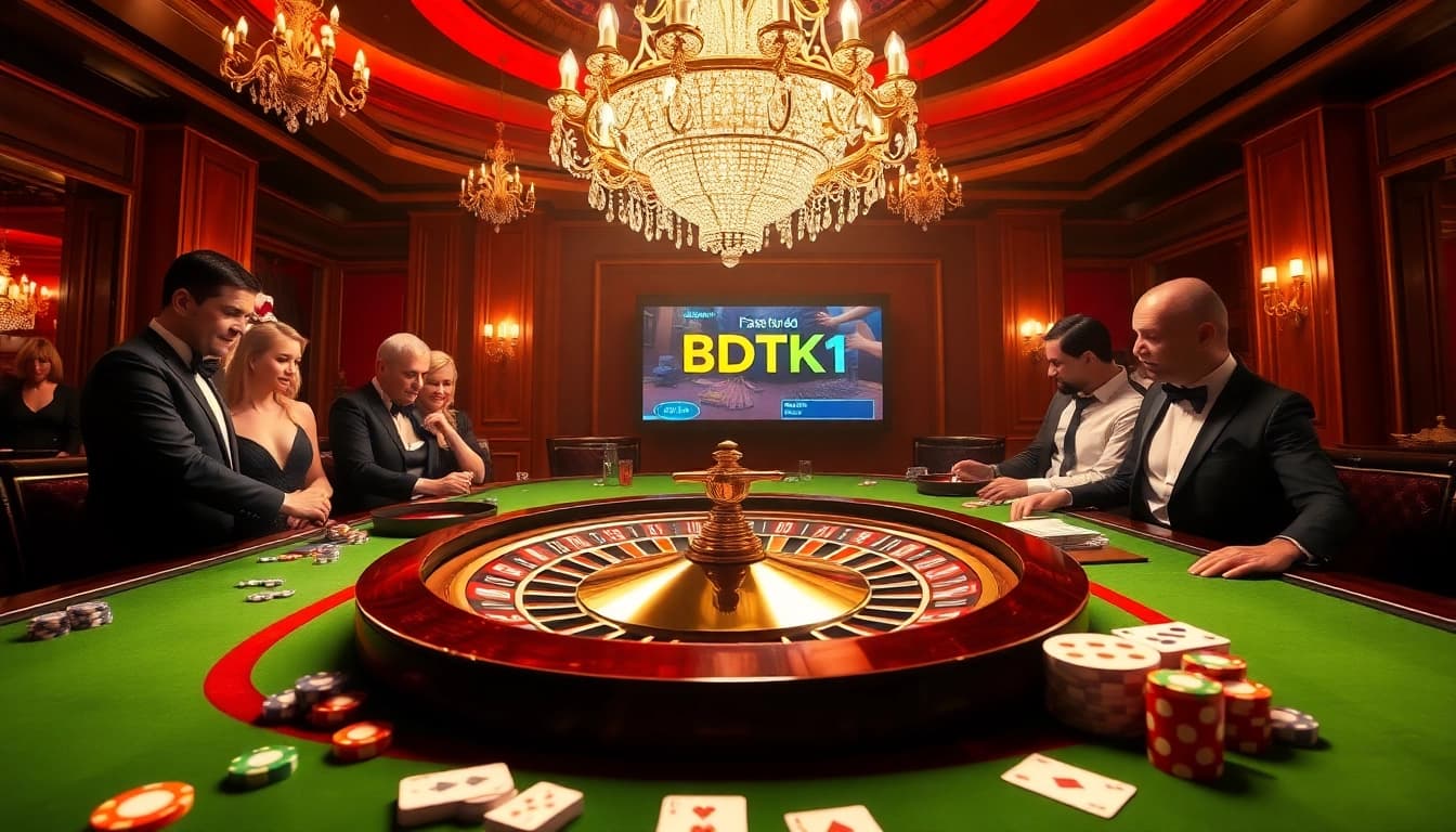 Exciting BDTK1 roulette table scene with glamorous gamblers and vibrant casino elements.