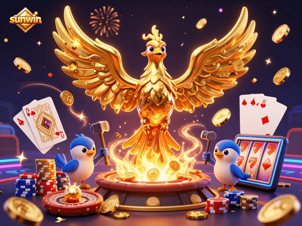 Spin and win with sunwin's vibrant casino illustration featuring a golden phoenix and a roulette wheel.