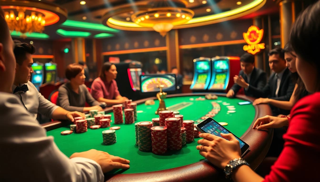 Engaging scene showcasing high-stakes poker and roulette at gamebaidoithuong.trading casino.