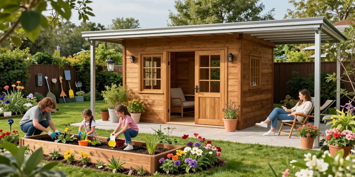 Gartenhaus kaufen im stilvollen Garten mit entspannenden Momenten und lebhaften Blumen.