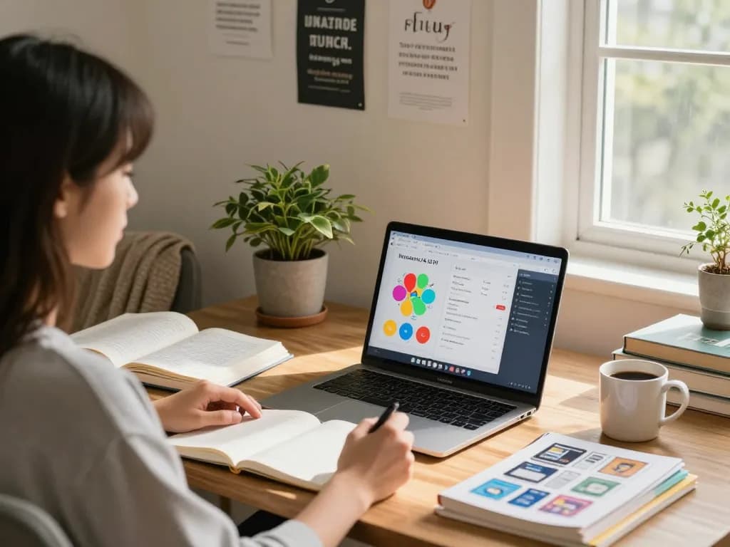 Student, der das Hausaufgaben KI kostenlos Tool in einem modernen Homeoffice mit Studienmaterialien verwendet.