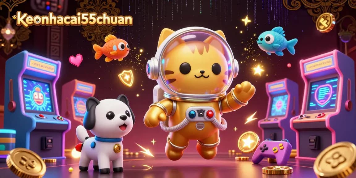 Engage with keonhacai55chuan at this vibrant online gaming scene showcasing neon arcade elements and cosmic characters.