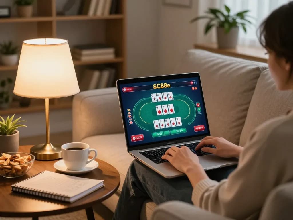 Person enjoying online casino gaming on SC88e platform from a cozy home setup with warm lighting.
