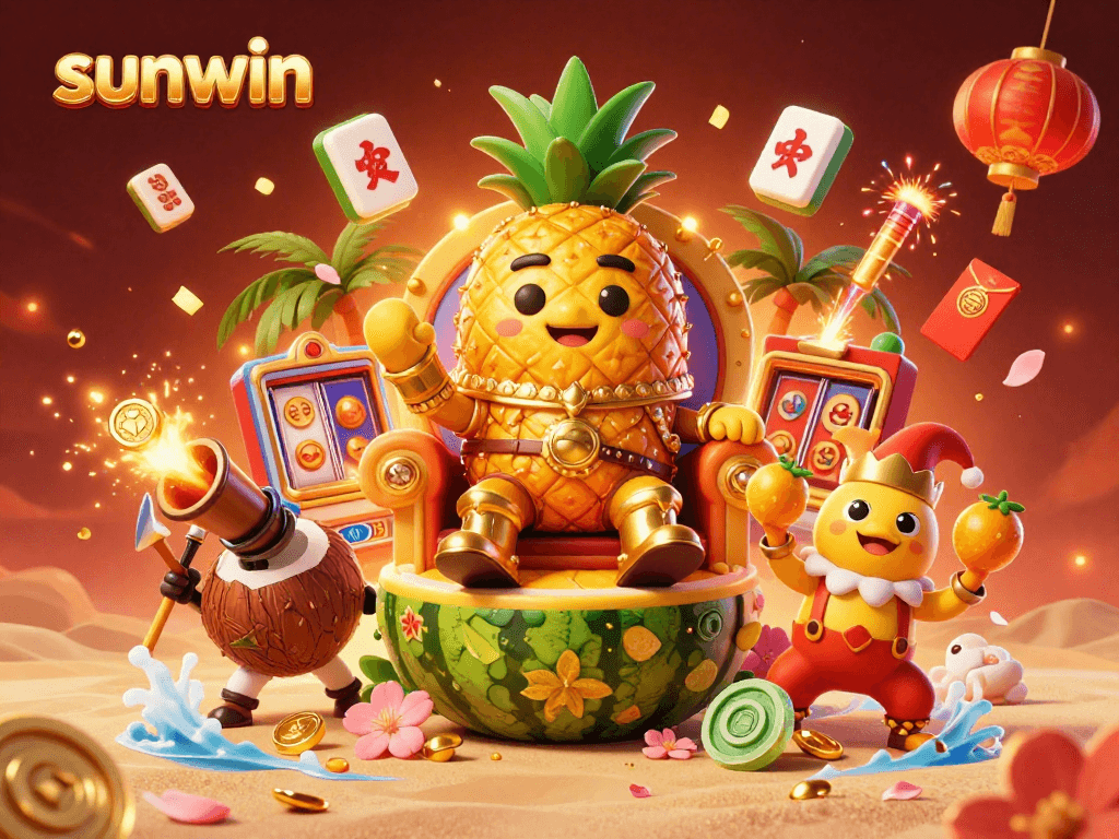Experience excitement at sunwin with a vibrant golden pineapple king and casino elements in a beach setting.