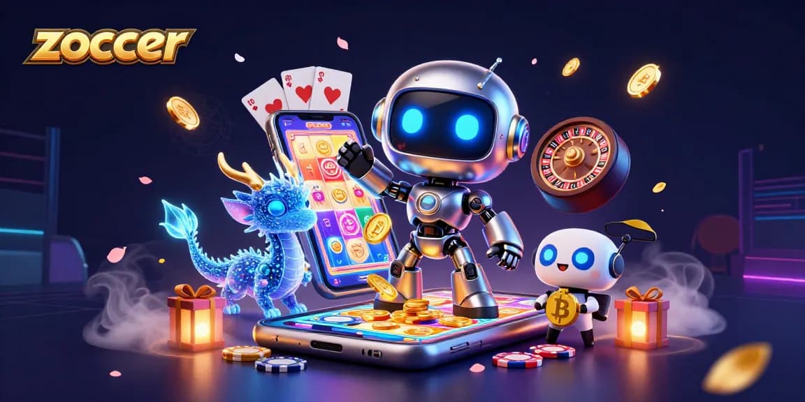 Zoccer casino illustration showcasing the excitement of gaming with a cyberpunk robot and vibrant slots.