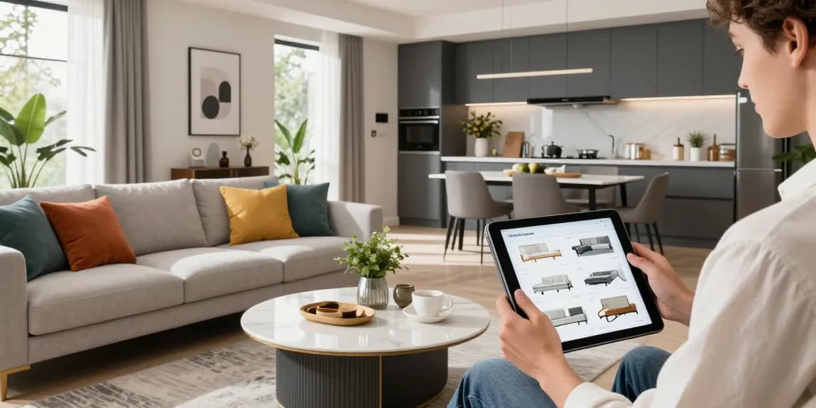 Modernes Wohnzimmer-Szenario mit stilvollen Möbeln, das Optionen für Möbel mit Lieferung kaufen für elegante Wohnräume zeigt.
