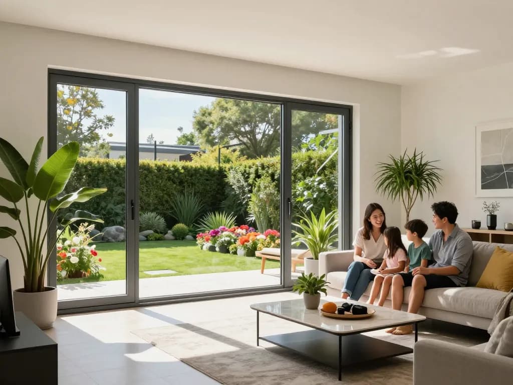 Hochwertige fenster schüco Fenster in einem modernen Zuhause mit einer Familie, die das natürliche Licht und die lebendige Gartenansicht genießt.