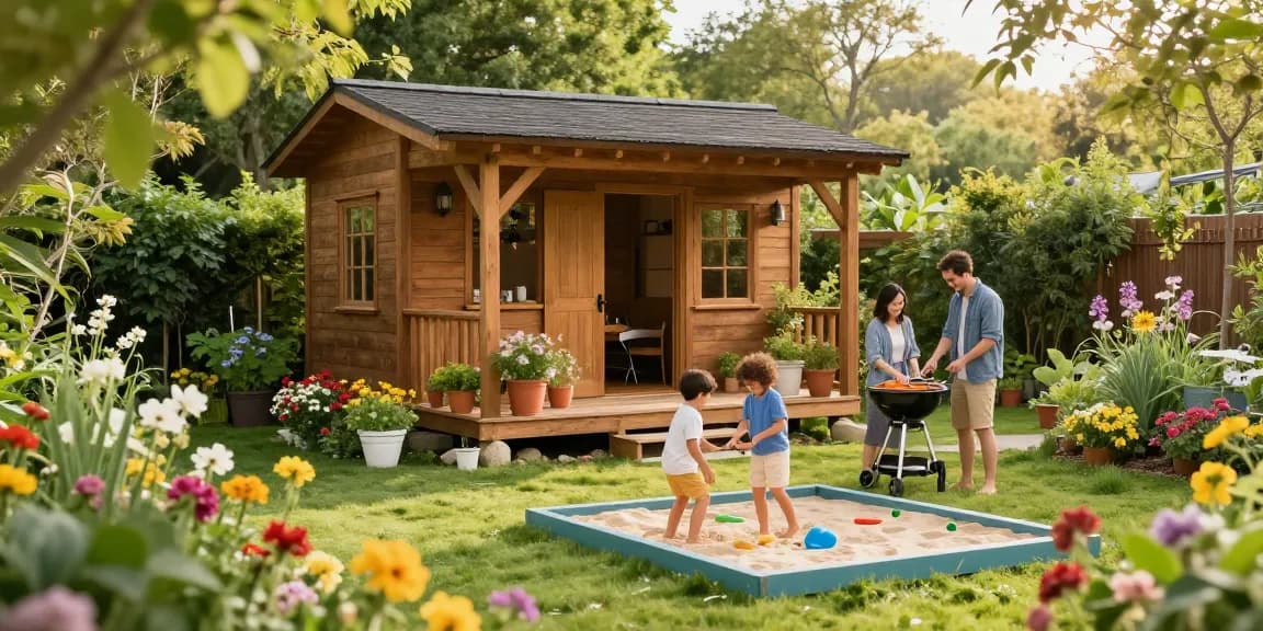 Garten Haus im idyllischen Garten mit Familie, Blumen und Spielbereich für Kinder.