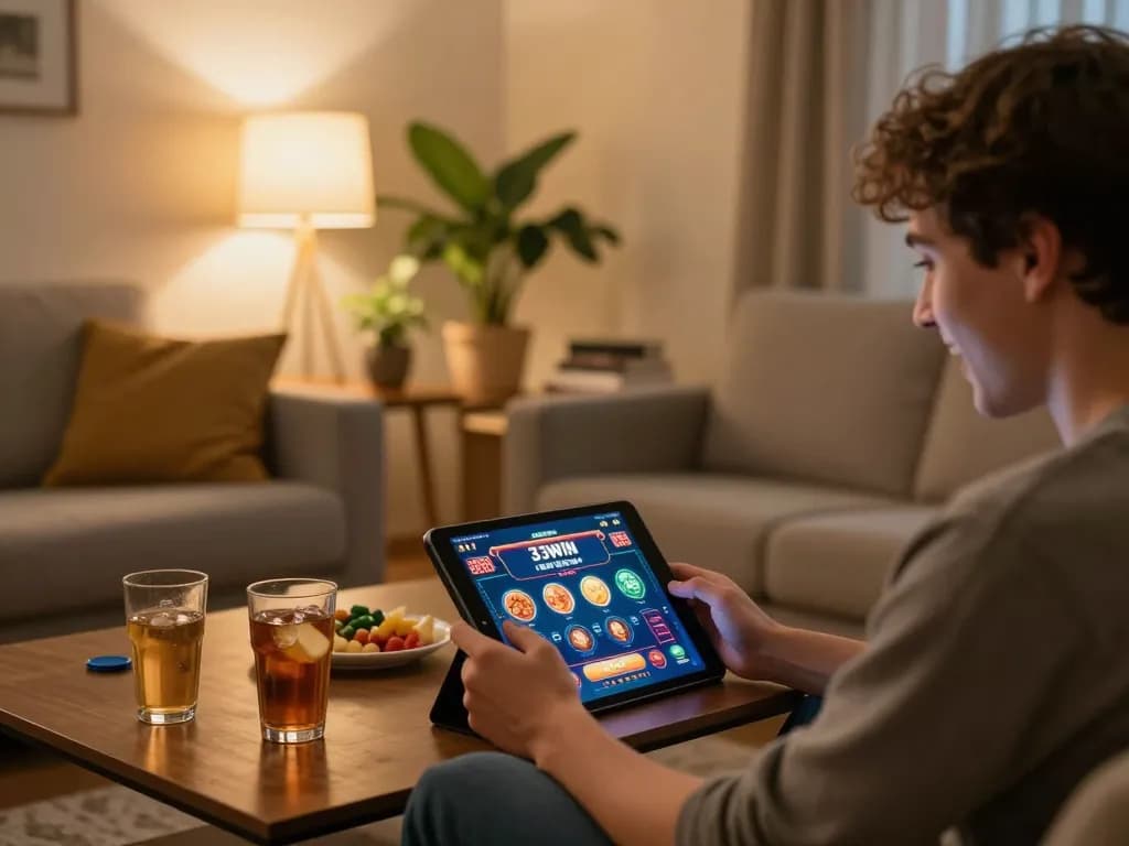 Engaging in online casino play via the 33WIN app in a cozy home setup.