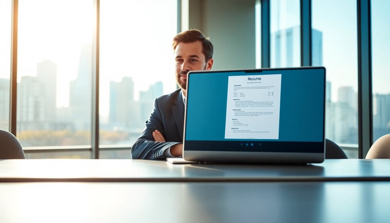 Headhunter Schweiz kommuniziert mit Kandidat über Videoanruf in modernem Büro.