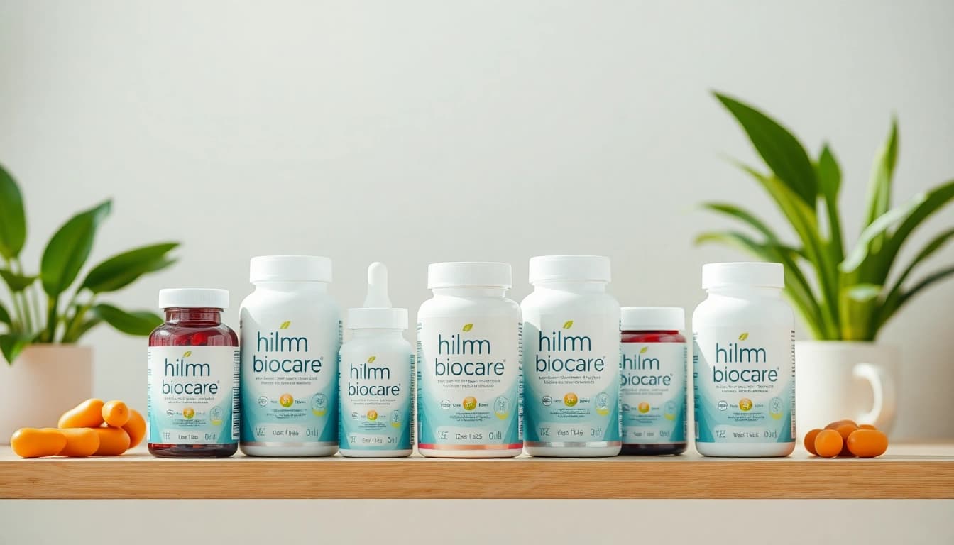 Hilma biocare Produkte auf einem stilvollen Regal mit sanfter Beleuchtung präsentieren.