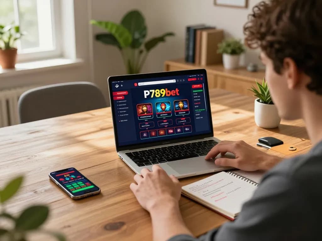 Engaged player using p789bet platform on a cozy laptop setup, showcasing strategic online gambling.