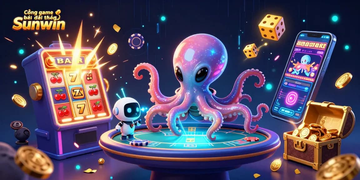 Cổng game bài đổi thưởng Sunwin showcases a vibrant 3D alien octopus at a poker table, surrounded by dynamic casino elements.