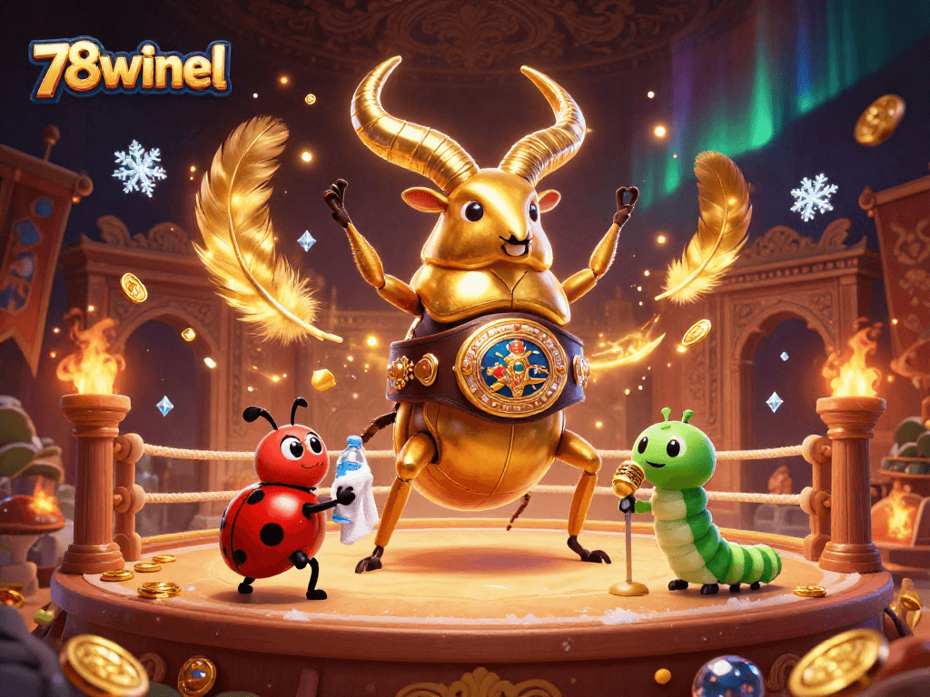 Experience the thrill of 78winel with a vibrant 3D illustration of a boxing beetle, ladybug, and caterpillar in a rich casino setting.
