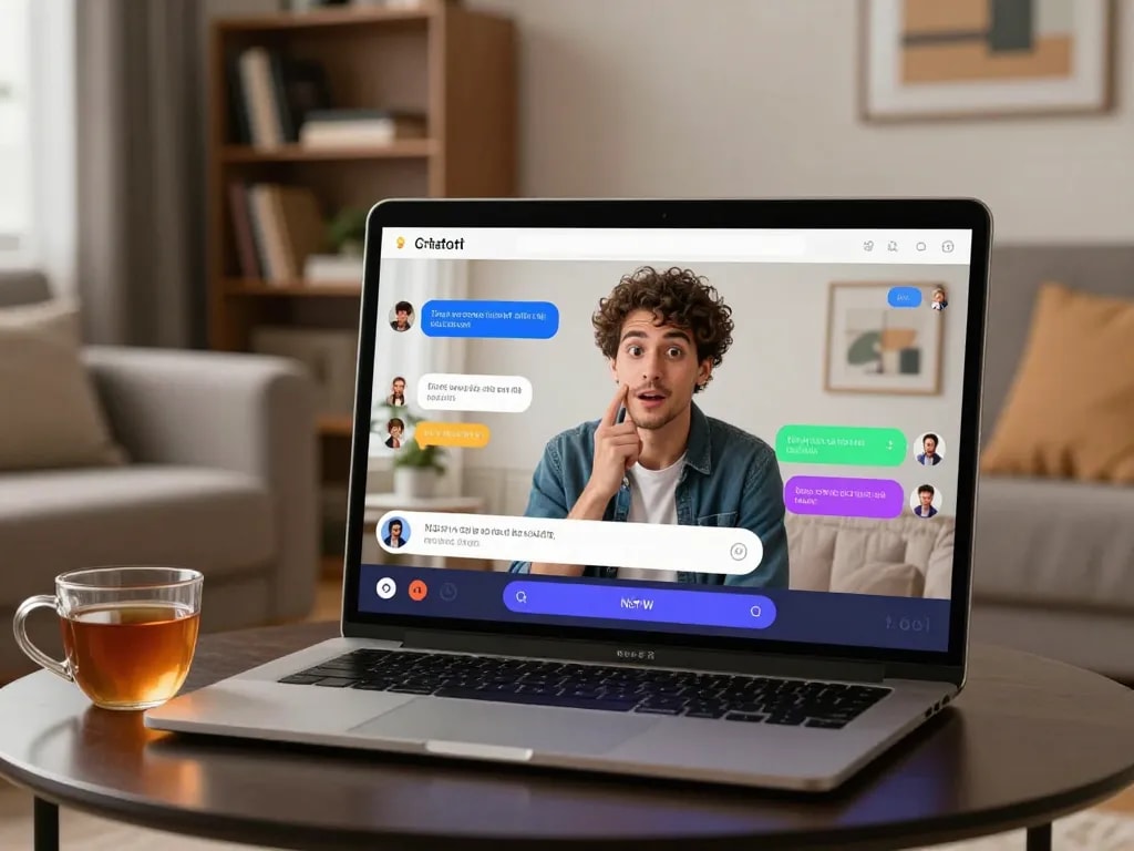 User enjoying a playful interaction with an NSFW chat bot on a stylish device in a cozy living room setting.