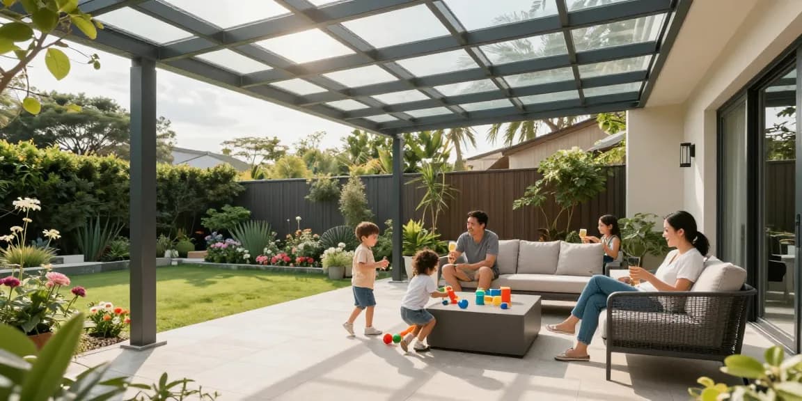 Moderne Terrassenüberdachung mit Glasdach, Familie genießt sonnigen Tag im Garten.