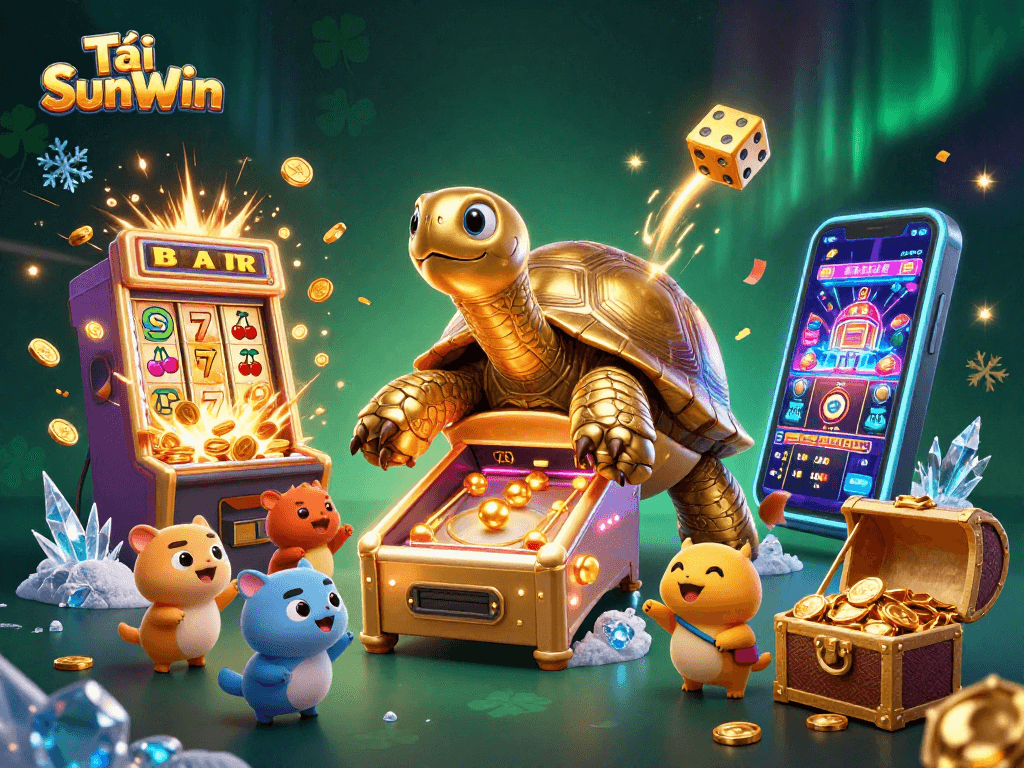 Tải SunWin elevates your gaming experience with a colossal tortoise-themed pinball machine and vibrant casino decorations.