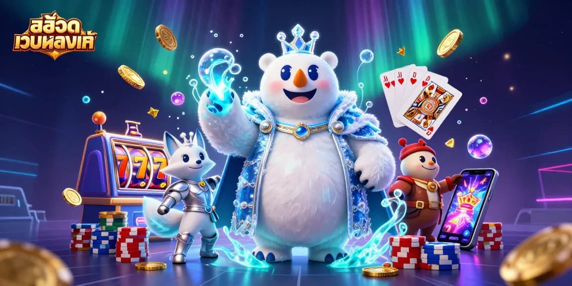 Engage with สล็อตเว็บตรงแท้ as a 3D cartoon polar bear and snow fox explore slot games amid dazzling treasures.
