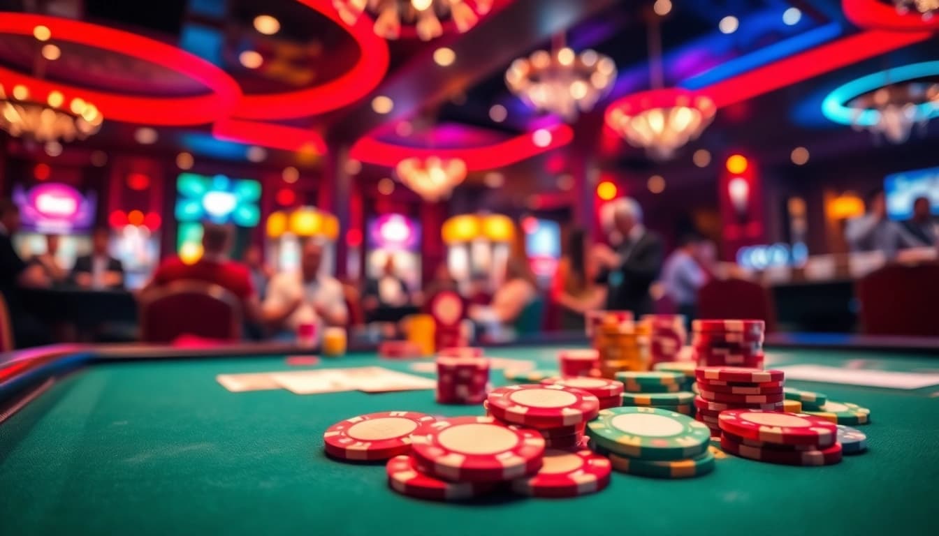 Spiele hautnah erleben: Casinospiele mit bunten Chips und Karten an einem lebhaften Spieltisch.