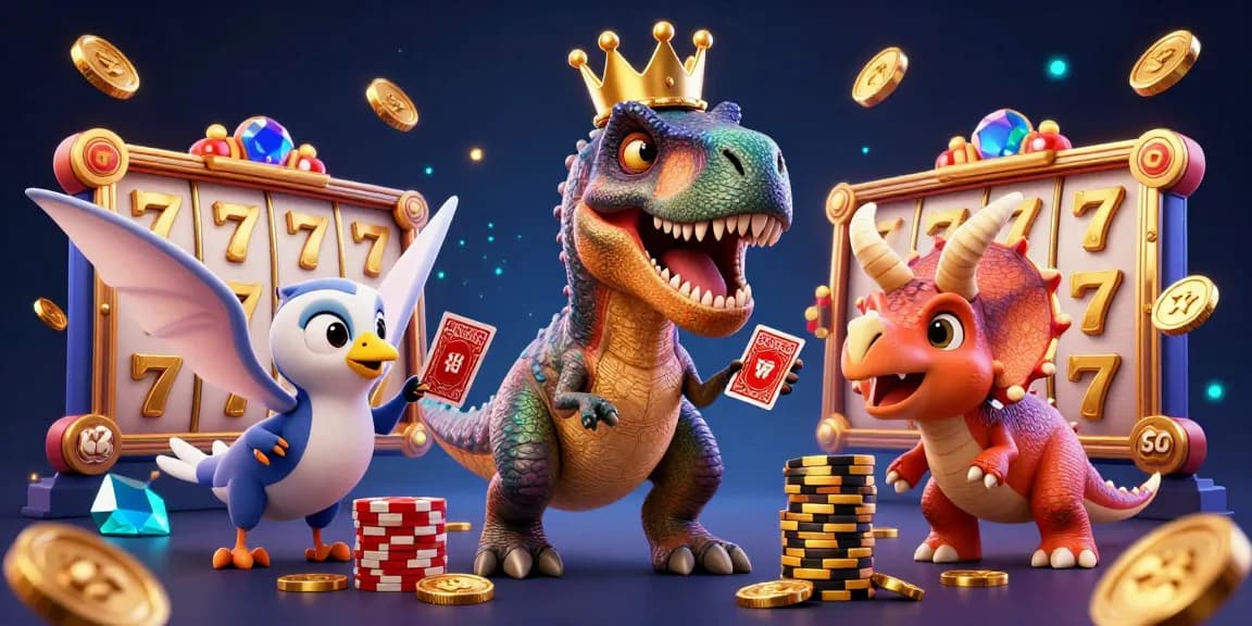 Engage with the vibrant world of sunwin chính thức featuring a T-Rex shuffling cards with a golden crown, alongside a pterodactyl assistant and a triceratops stacking chips.