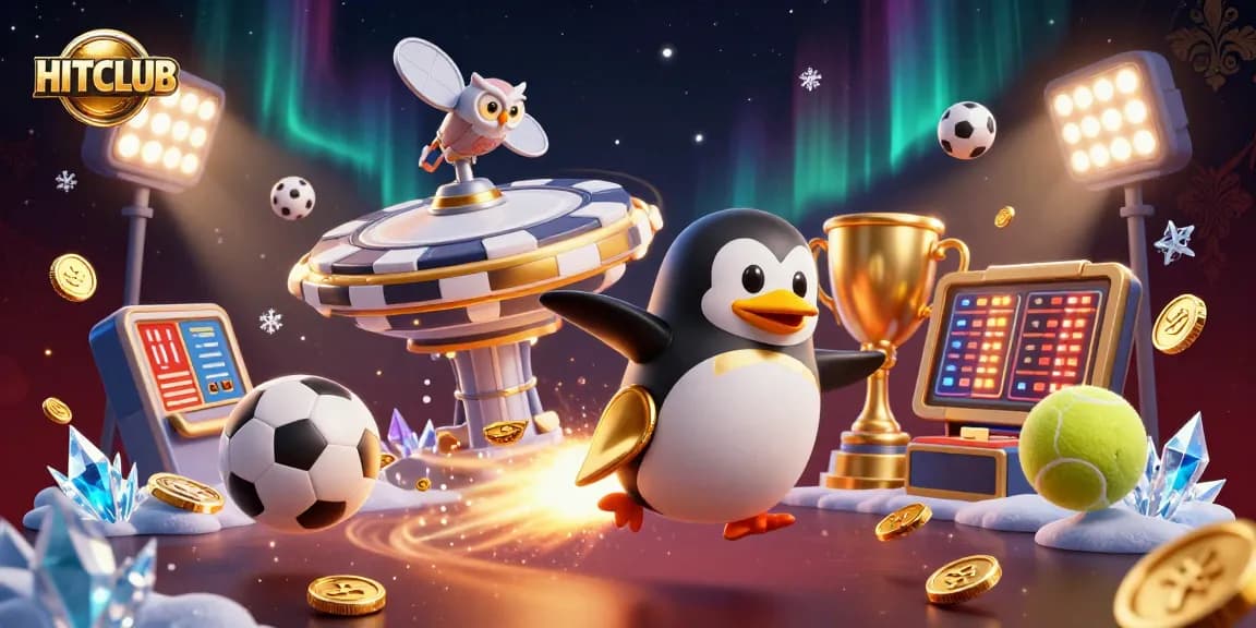 Experience the excitement at HITCLUB with a golden penguin and casino-themed elements.