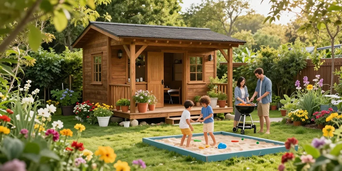 Garten Haus im idyllischen Garten mit Familie, Blumen und Spielbereich für Kinder.