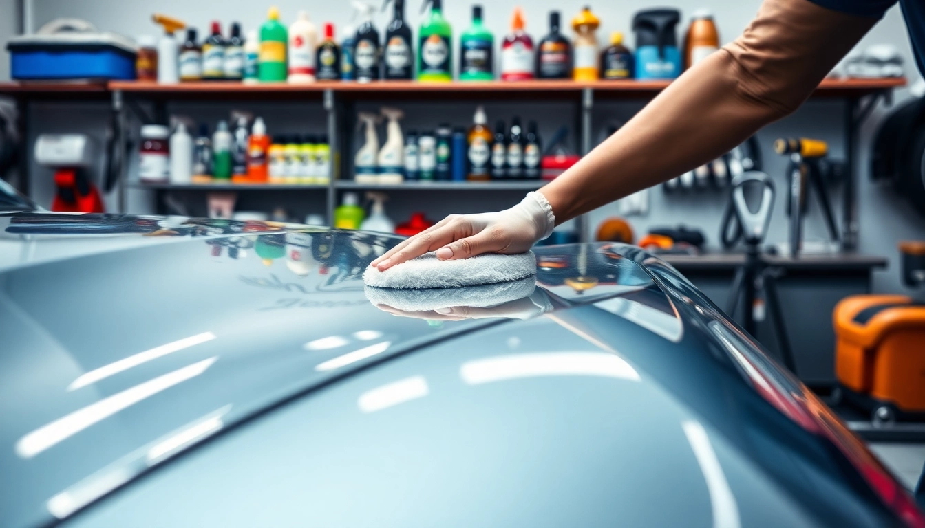 Im Autopflege Shop wird ein Detailer gezeigt, der das Polieren eines Autos fachmännisch durchführt.