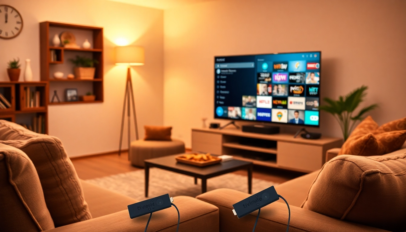 TiviMate auf Fire TV Stick installieren mit gemütlichem Wohnzimmer-Setup und Fernseher, der die TiviMate-Oberfläche anzeigt