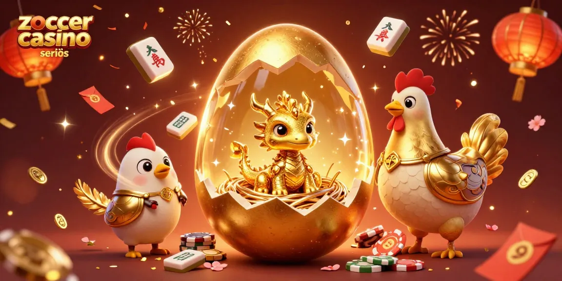 Zoccer Casino seriös: Goldener Drache und Pokerchips in einer feierlichen Szene mit 3D-Elementen