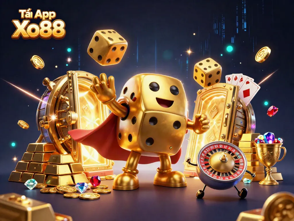 Experience thrilling gaming with Tải App Xo88 in this vibrant 3D cartoon illustration highlighting casino elements.