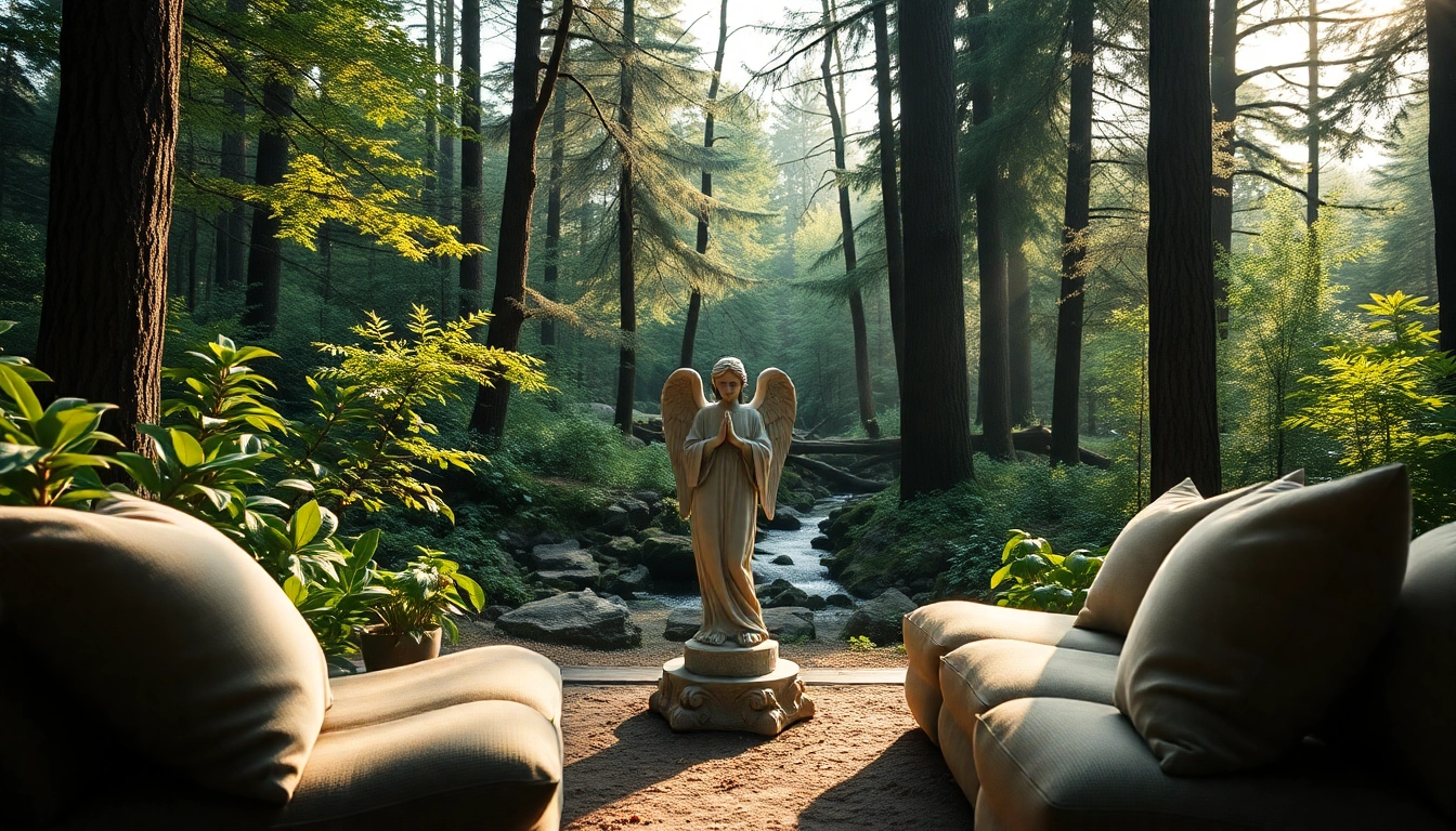 Retreat Urlaub mit den Engeln im Schwarzwald mit einer spirituellen Statue im Wald.