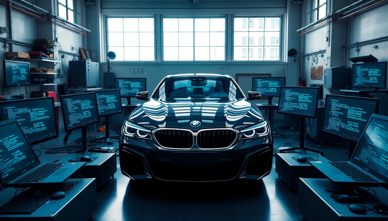 BMW Codierung in einem modernen Workshop mit fortschrittlichem Equipment und einem eleganten Fahrzeug.