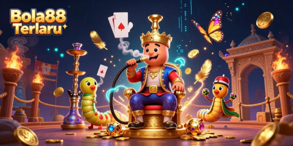 Bola88 Terbaru showcases a vibrant 3D scene with a hookah-master blowing poker symbols, symbolizing betting excitement.