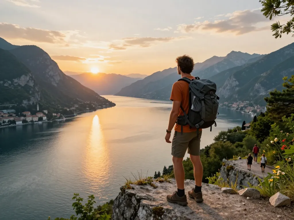 Gardasee Reisetipps - Malerische Aussicht auf einen Reisenden am Gardasee während des Sonnenuntergangs, der Outdoor-Abenteuer zeigt.