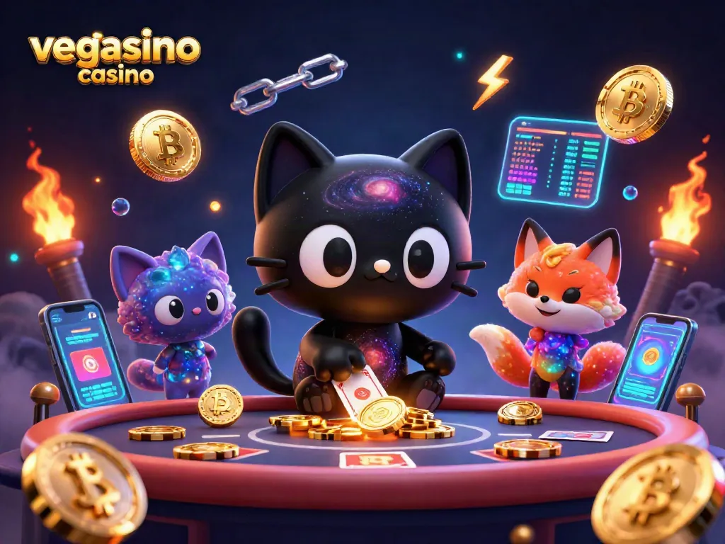 Engage in vegasino casino fun with lively 3D characters pulling chips and cards in a vibrant setting.