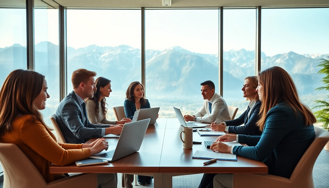 Headhunter Schweiz arbeitet in einem modernen Büro mit Alpenblick bei natürlichem Licht.