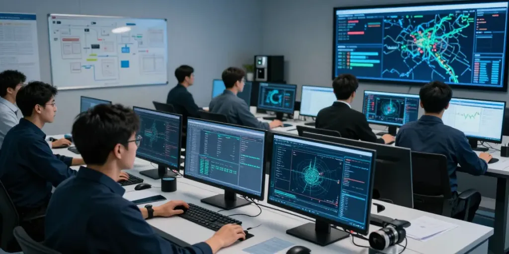 Cybersecurity Frankfurt – Professionelles Team arbeitet in modernem Kontrollraum mit Hochtechnologie.