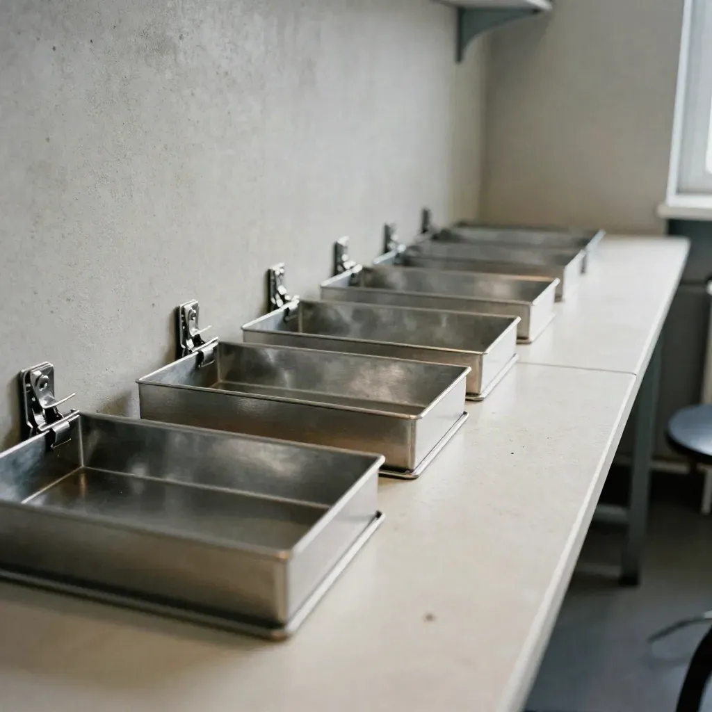 Prozessprüfungs-Setup mit Trays, Routing-Clips und Kabelkanälen auf hellem Beton.
