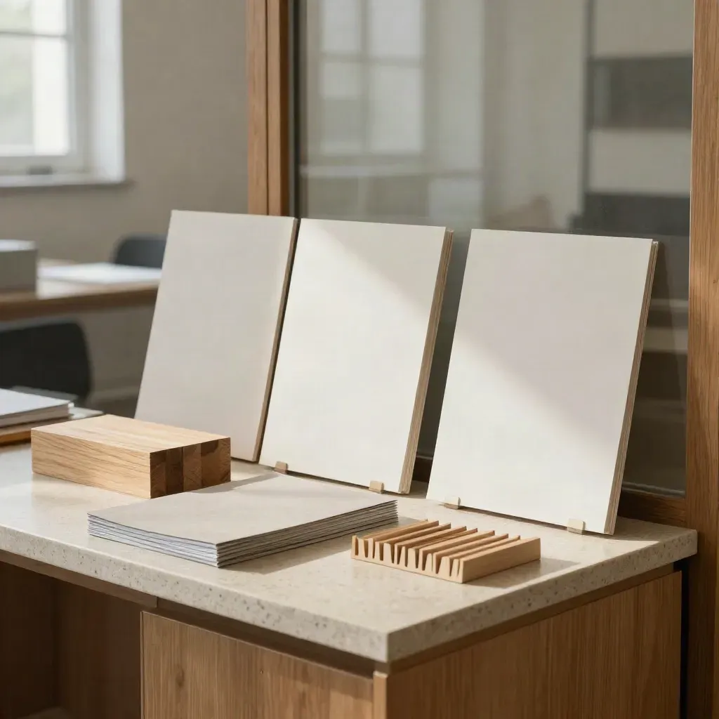 Beratungs-Ecke in einem Berliner Büro mit Boards, Holzwürfel und Ordnern im weichen Fensterlicht.